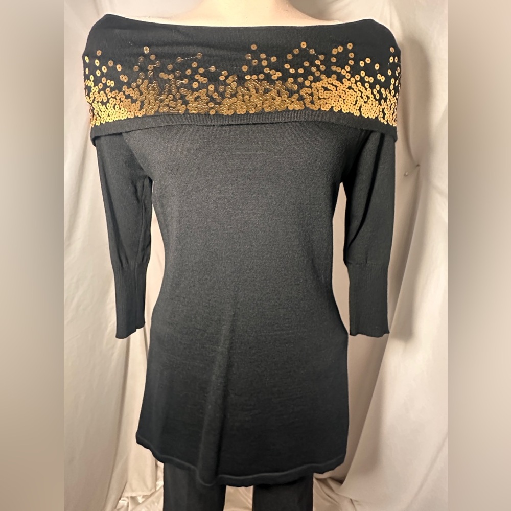 Questions Black Off-Shoulder Sequin Knit Top with Gold Sequins Size S